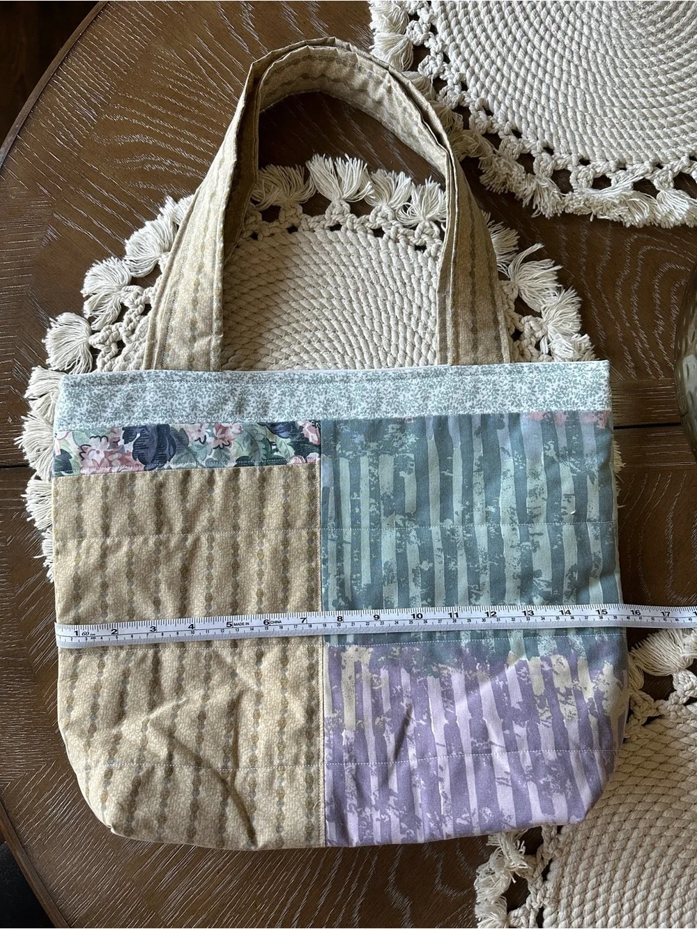 Handmade Patchwork Tote Bag in Blue, Lavender & Cream